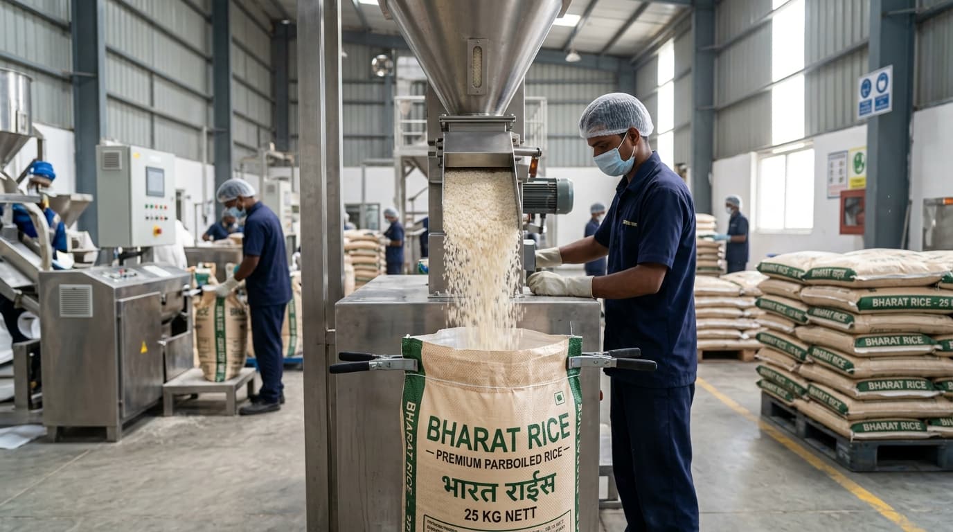 El arroz blanco sancochado indio se está vertiendo en una bolsa de 25 kg (imagen generada por IA).