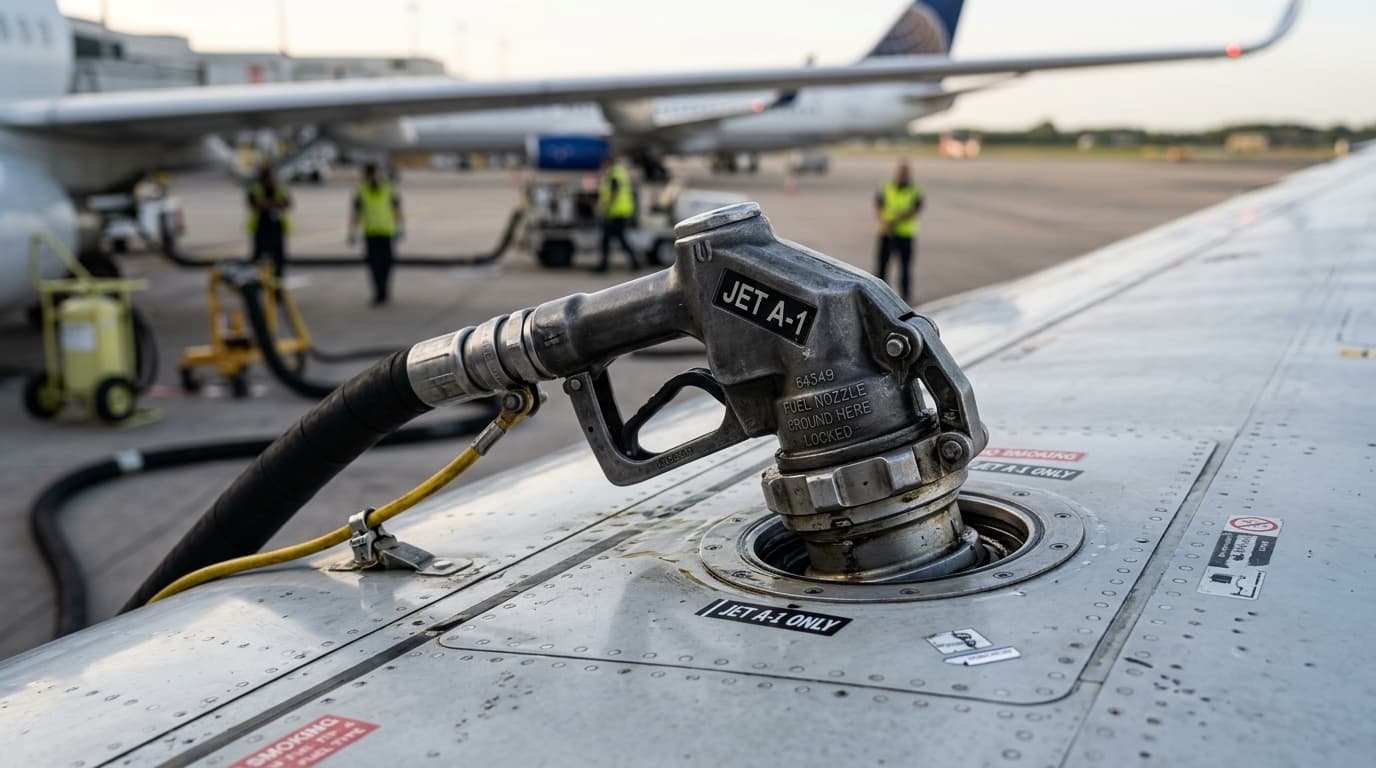 Jet A1 fuel being pumped into a commercial aircraft wing (AI-generated image)