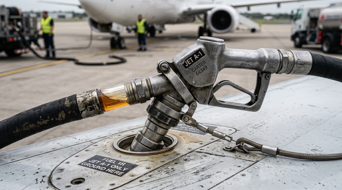 Combustible Jet A1 siendo bombeado en el ala de un avión comercial (imagen generada por IA)