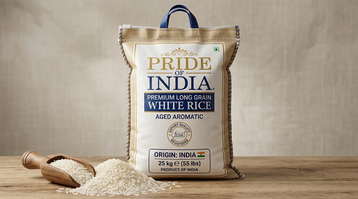 25 kg bag of long-grain white rice, origin: India (AI-generated image)