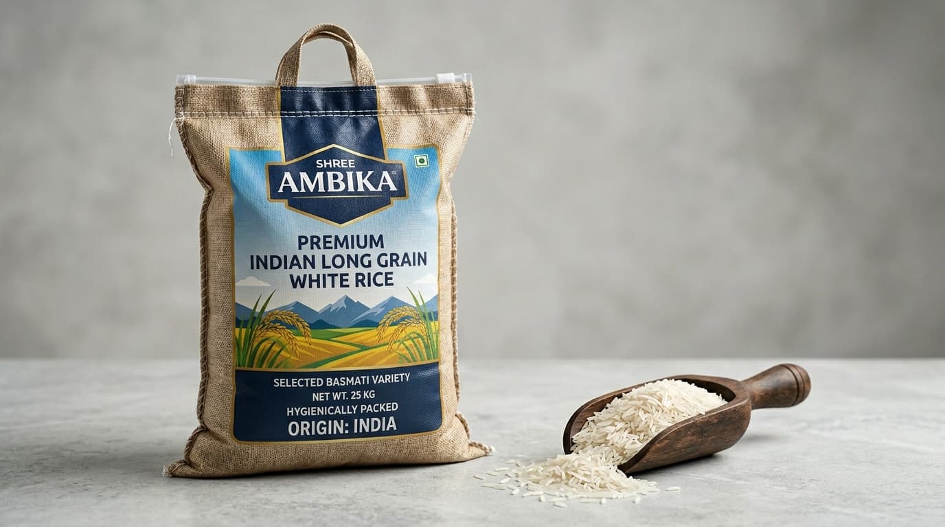 Bolsa de 25 kg de arroz blanco de grano largo, origen: India (imagen generada por IA)