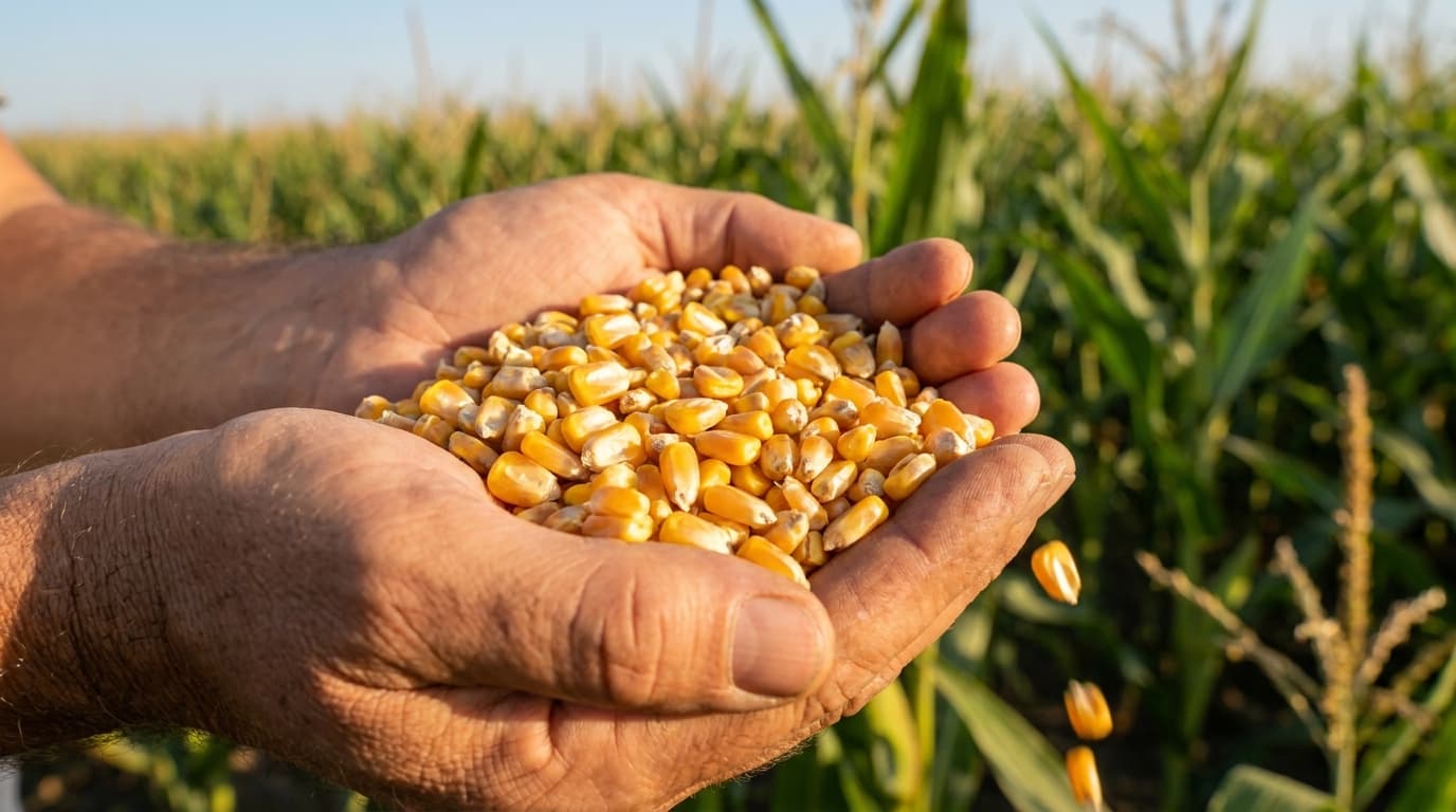 Primer plano de granos de maíz brasileño saludables en las manos de un agricultor, granos amarillo dorado (imagen generada por IA)