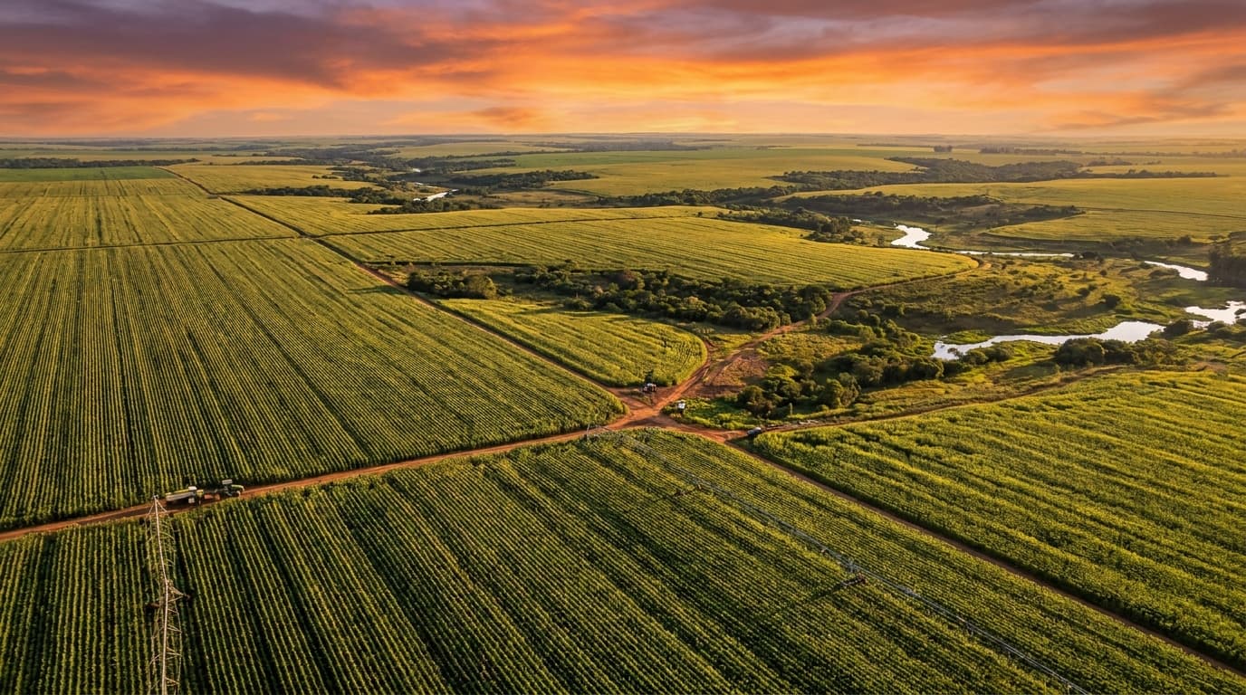 Vista aérea de los vastos campos de maíz brasileños en Mato Grosso durante la hora dorada (imagen generada por IA).