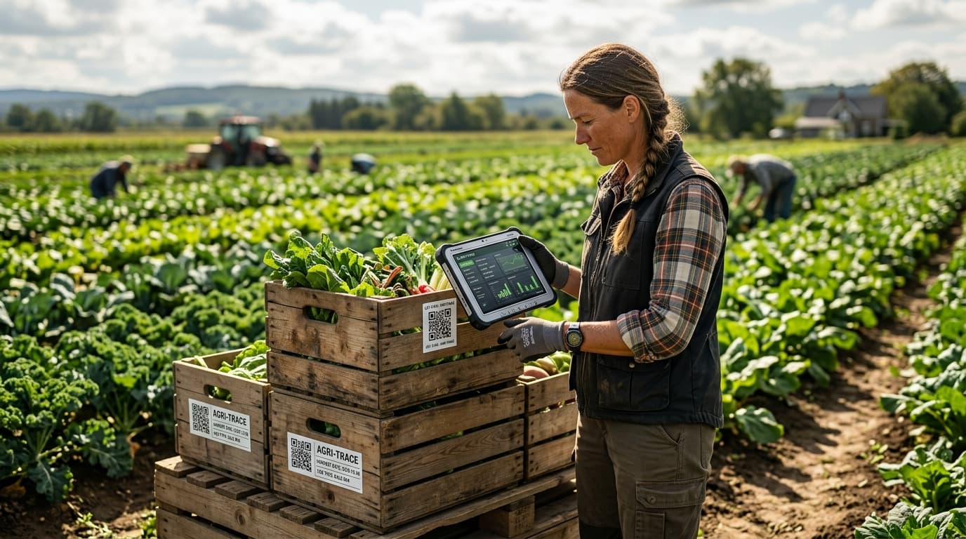A digital traceability system displayed on a tablet in the field (AI-generated image).
