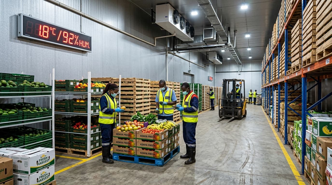 Installation de stockage frigorifique pour produits frais dans un pays en développement (image générée par IA)