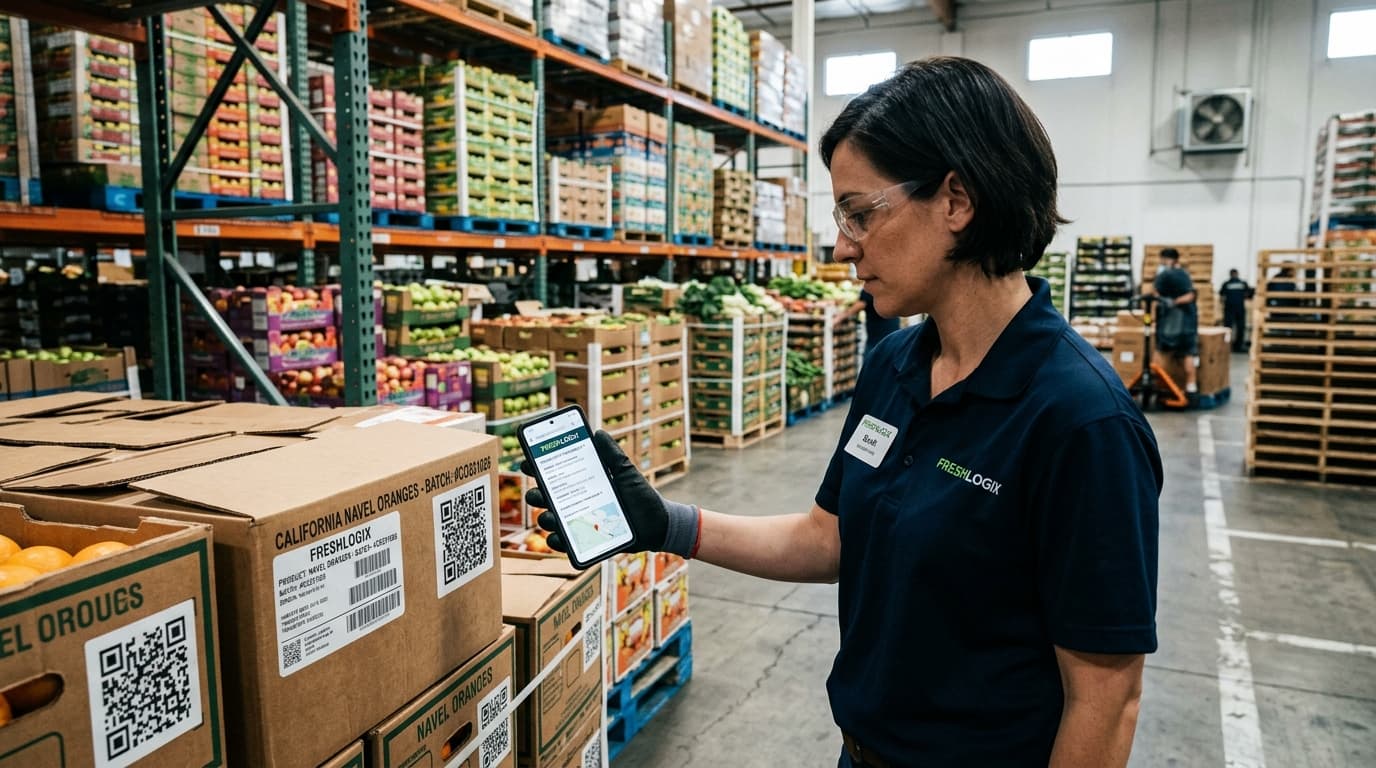Un système de traçabilité numérique montrant le scan d’un code QR sur des produits frais (image générée par IA)