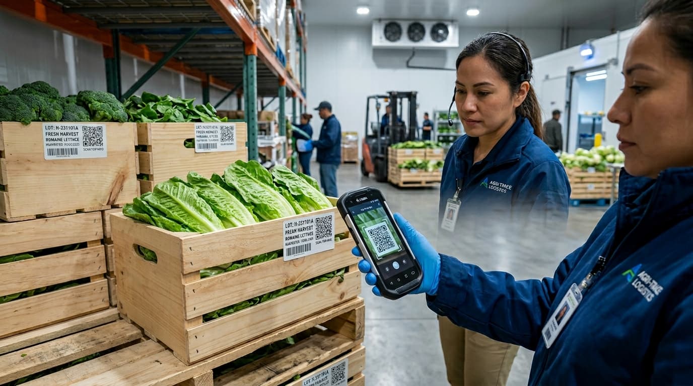 Un sistema de trazabilidad digital que muestra el escaneo de un código QR en productos frescos (imagen generada por IA).