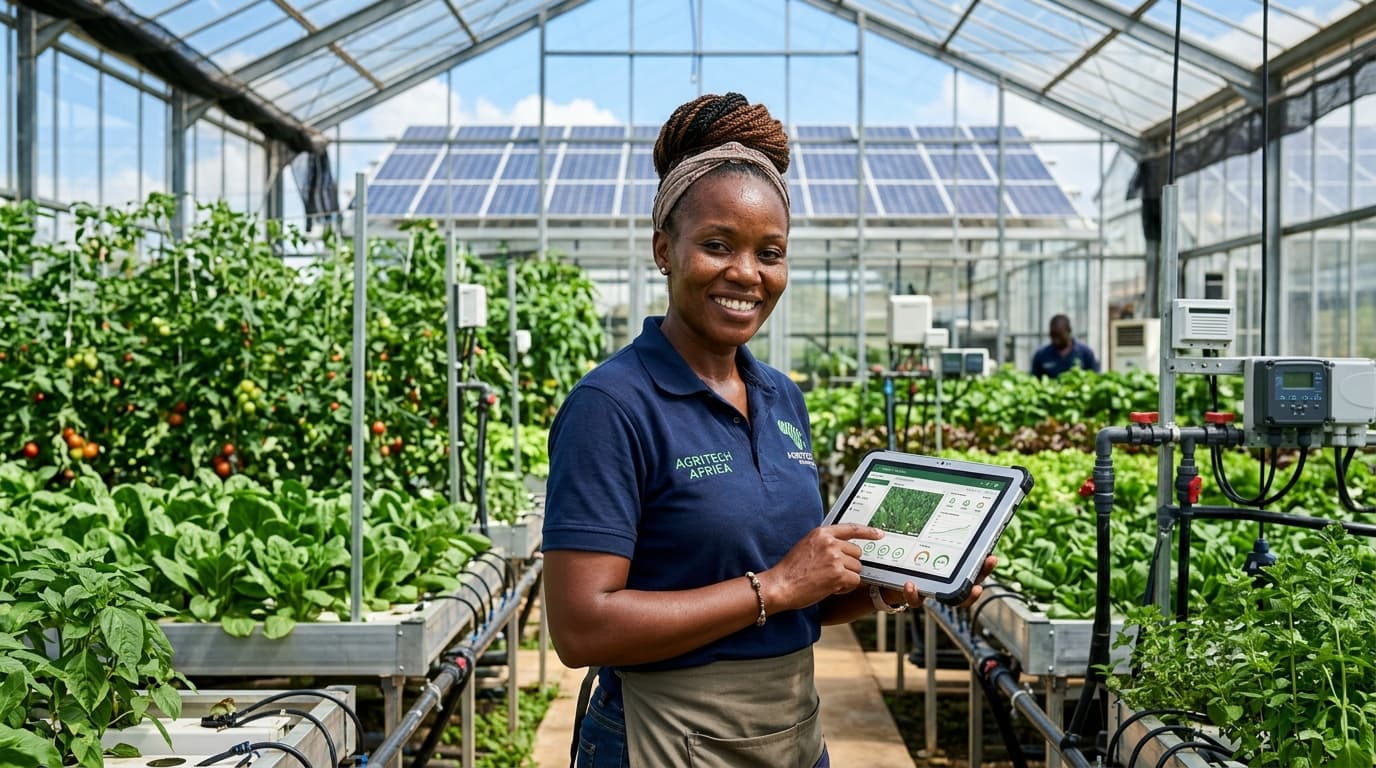 An African woman farmer standing in a modern greenhouse, using a tablet to monitor crops (AI-generated image).