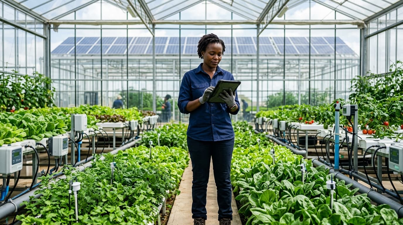 Une agricultrice africaine debout dans une serre moderne, utilisant une tablette pour surveiller les cultures (image générée par IA)