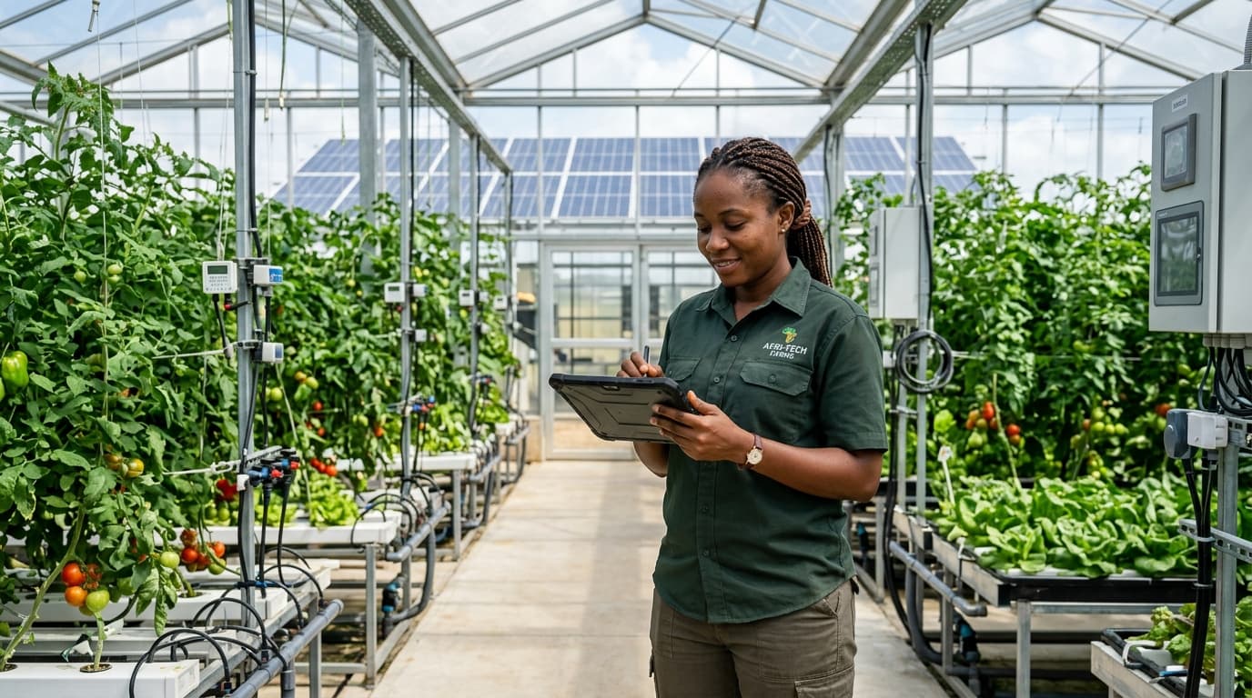 Una agricultora africana de pie en un invernadero moderno, usando una tableta para monitorear los cultivos (imagen generada por IA).