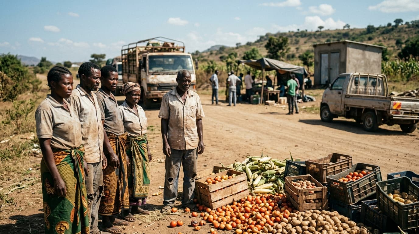 Petits exploitants agricoles debout à côté des récoltes sous une lumière intense de l’après-midi, avec des pertes post-récolte visibles (image générée par IA)