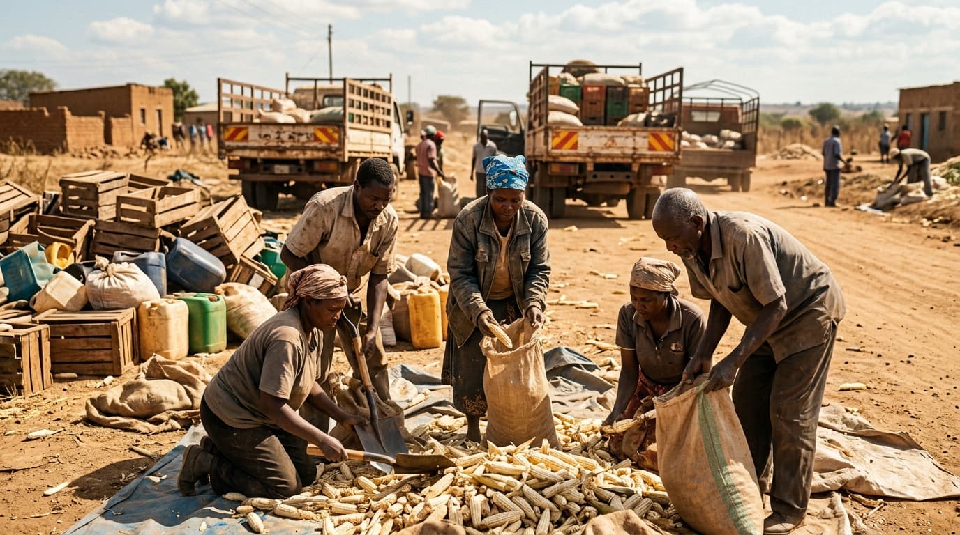 Pequeños agricultores de pie junto a cultivos cosechados bajo una fuerte luz de la tarde, con pérdidas visibles posteriores a la cosecha (imagen generada por IA).