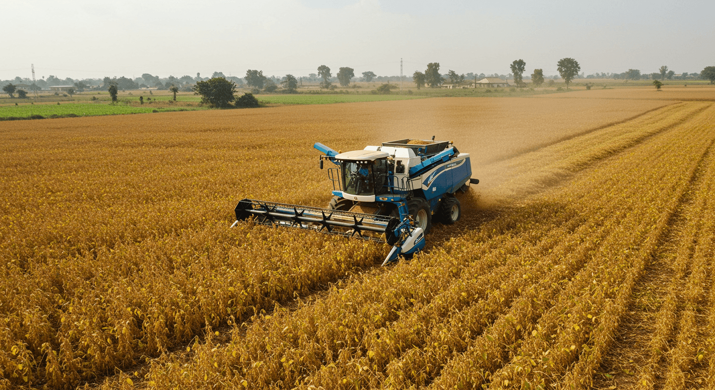 A soybean harvester is harvesting ripe soybeans in a field in Nigeria (AI-generated image).
