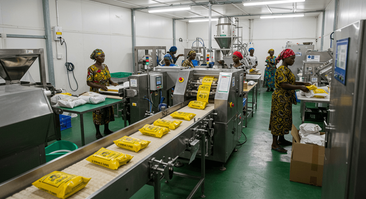 A modular food-processing unit run by a women-led cooperative in Togo: a conveyor with packaged goods and a labeling machine (AI-generated image).
