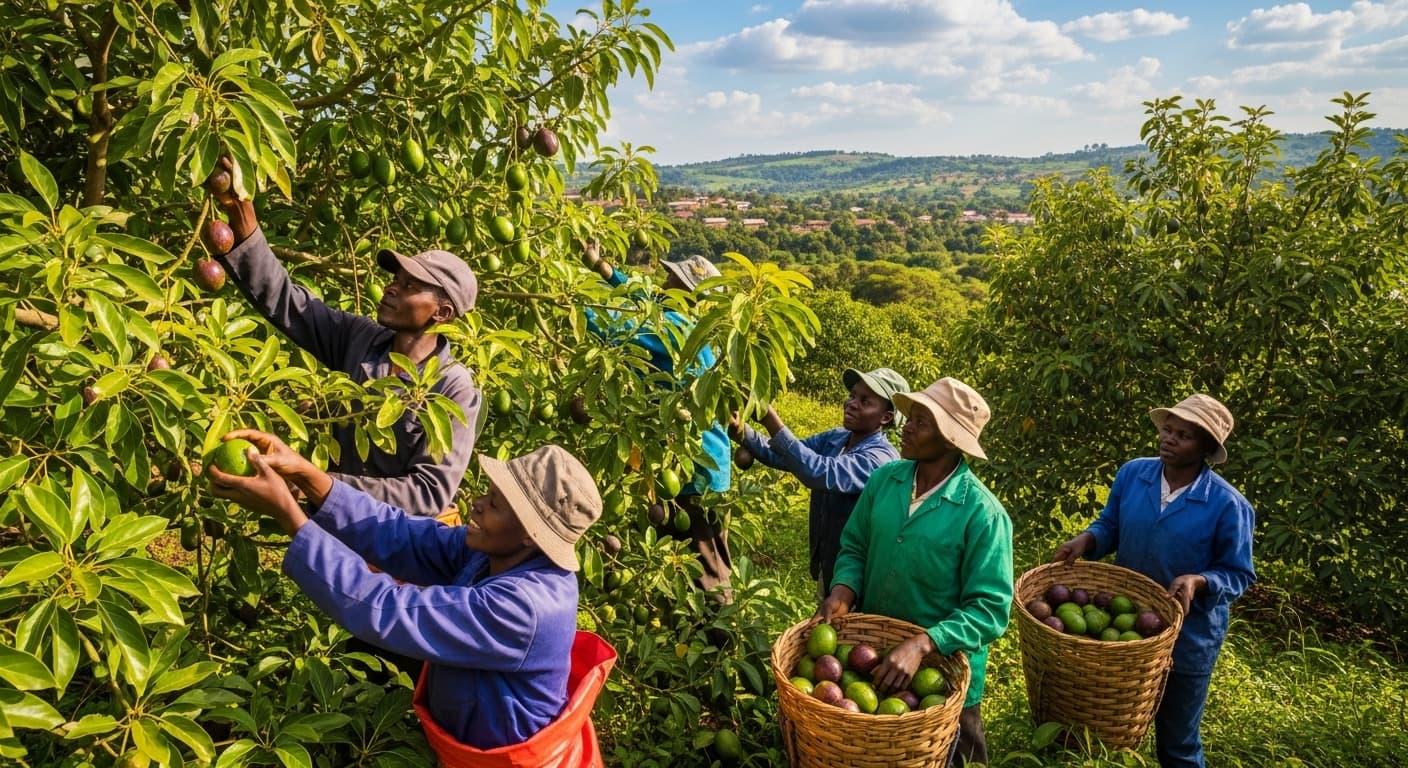 Farmers harvesting avocados in Kenya (AI-generated image).