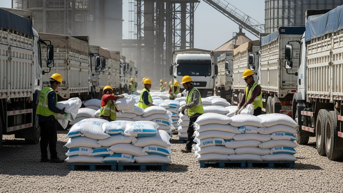 An industrial aggregation yard with bulk soybean trucks and workers inspecting 25-kg and 50-kg jute/PP bags. (AI-generated image)