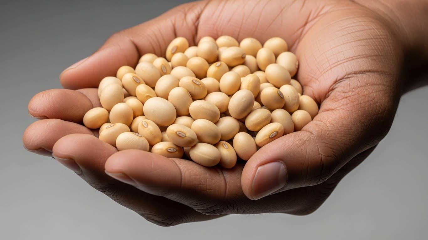 A Nigerian hand holding a handful of cleaned soybeans (AI-generated image)