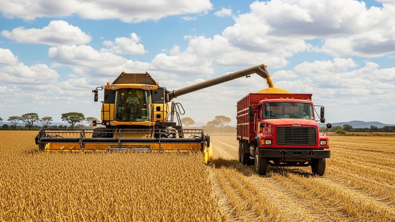 Soybean harvest in Nigeria with a combine harvester and truck (AI-generated image)