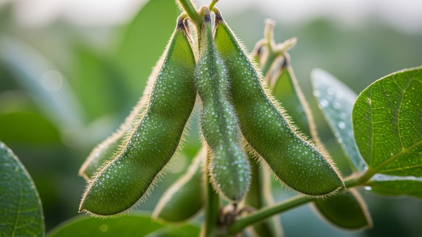 Close-up macro 4K photo of non-GMO soybean pods (TGX variety) on the plant (AI-generated image)