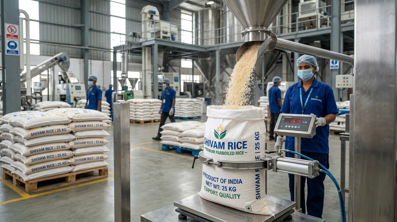 Le riz blanc étuvé indien est versé dans un sac de 25 kg (image générée par IA).