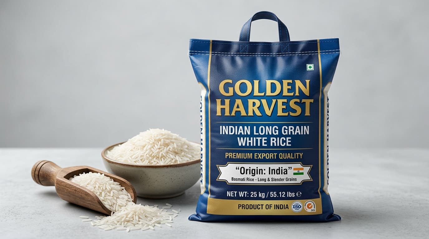 Sac de 25 kg de riz blanc à grains longs, origine : Inde (image générée par IA)